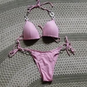 SHEIN Pink and Silver Bikini Set with Triangle Top